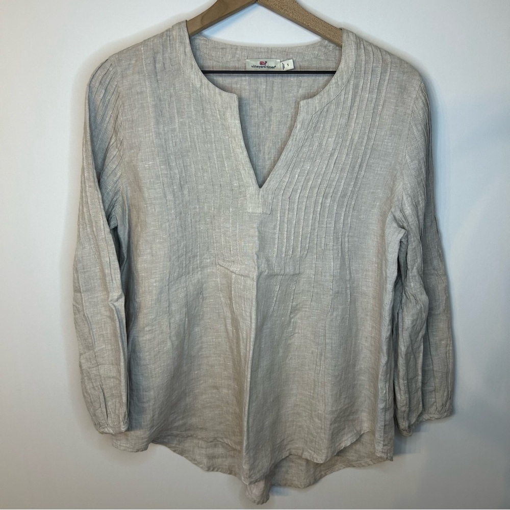 Vineyard Vines Beige Linen Pintuck V-Neck Tunic